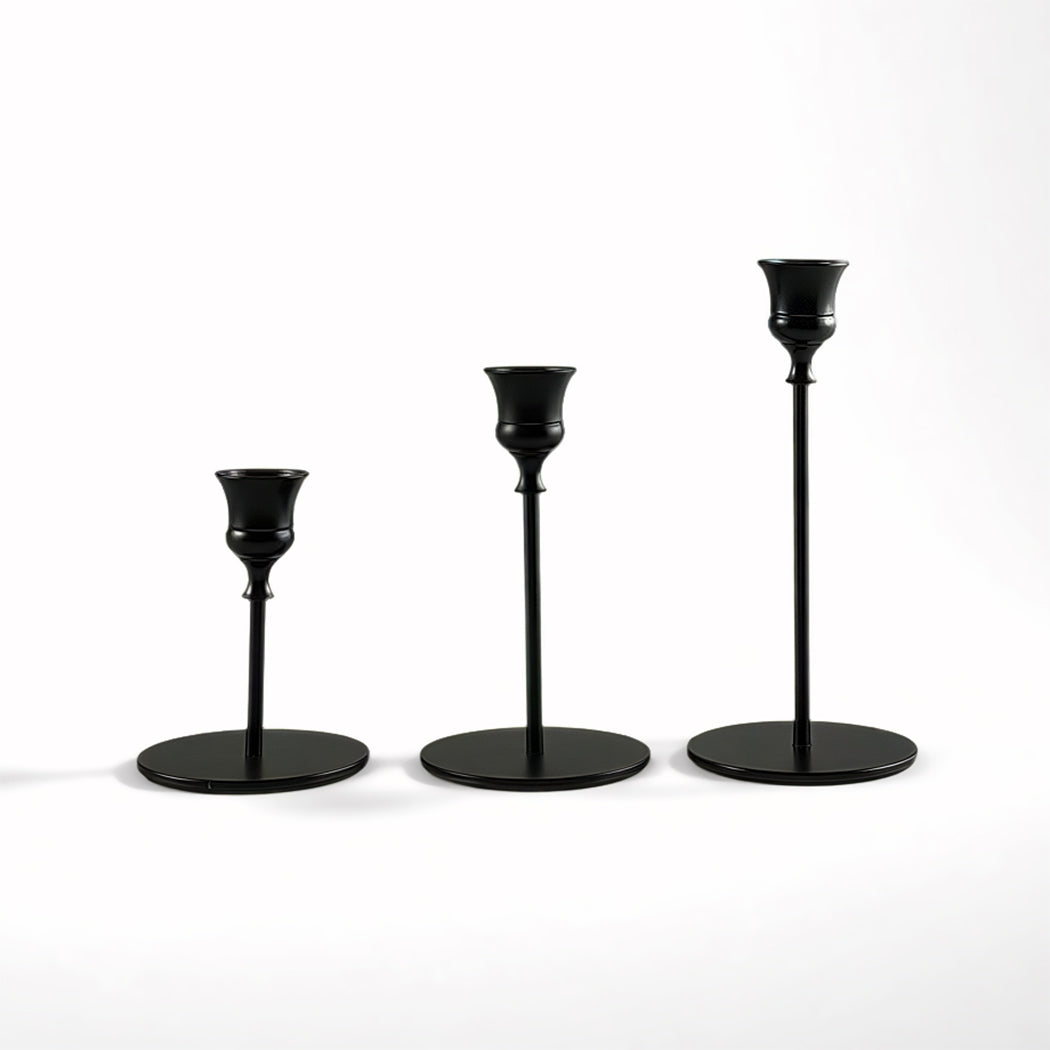 Black Iron Candlestick Holders Set of 3 – Heavy Duty Taper & Pillar Candle Stands for Weddings, Dining, and Rustic Home Decor