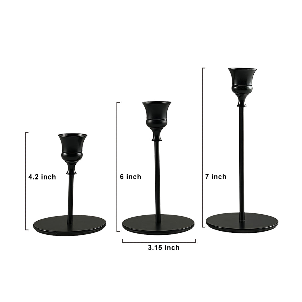 Black Iron Candlestick Holders Set of 3 – Heavy Duty Taper & Pillar Candle Stands for Weddings, Dining, and Rustic Home Decor